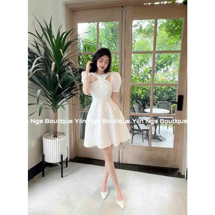 [8.8 Sales Freeship] Đầm tiểu thư tay phồng hở vai, đầm khoét vai xoắn ngực dáng ngắn xòe đi tiệc xinh đẹp, sang chảnh