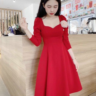 Đầm váy nữ dự tiệc cổ sâu đính bông màu đỏ gợi cảm trẻ trung