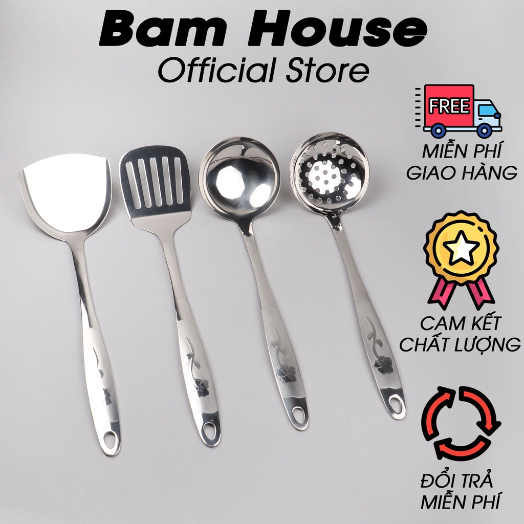 Set Vá đặc, Vá lỗ, Xẻng đặc, Xẻng lỗ inox Bam House cán hoa loại lớn cao cấp siêu bền SCH05 - Gia dụng bếp