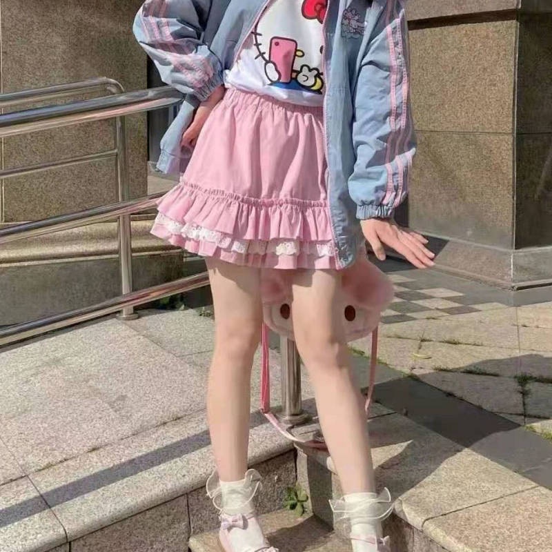 Chân váy chữ A lưng cao xếp ly phối ren phong cách Nhật Hàn xinh xắn cho nữ