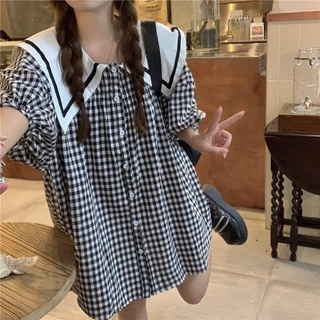 Đầm sơ mi dáng rộng họa tiết sọc caro trắng đen phong cách Hàn Quốc Hormones 2021
