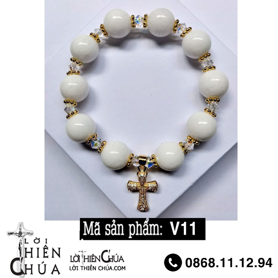 Vòng Tay, Chuỗi Mân Côi MN Màu Trắng Mix Thánh Giá Bạc Thái Mạ Vàng