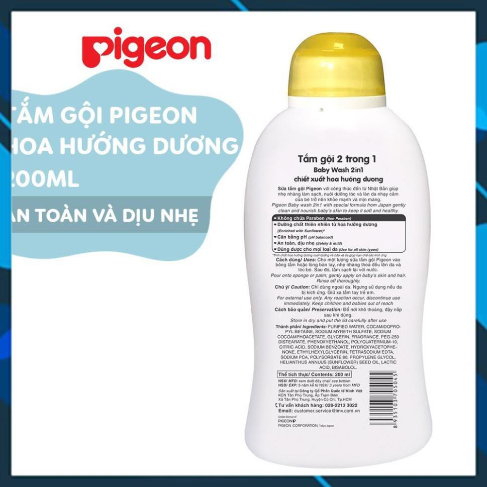 [Chính Hãng] Sữa tắm gội dịu nhẹ Pigeon 200ml 2in1 Hoa hướng dương / Jojoba