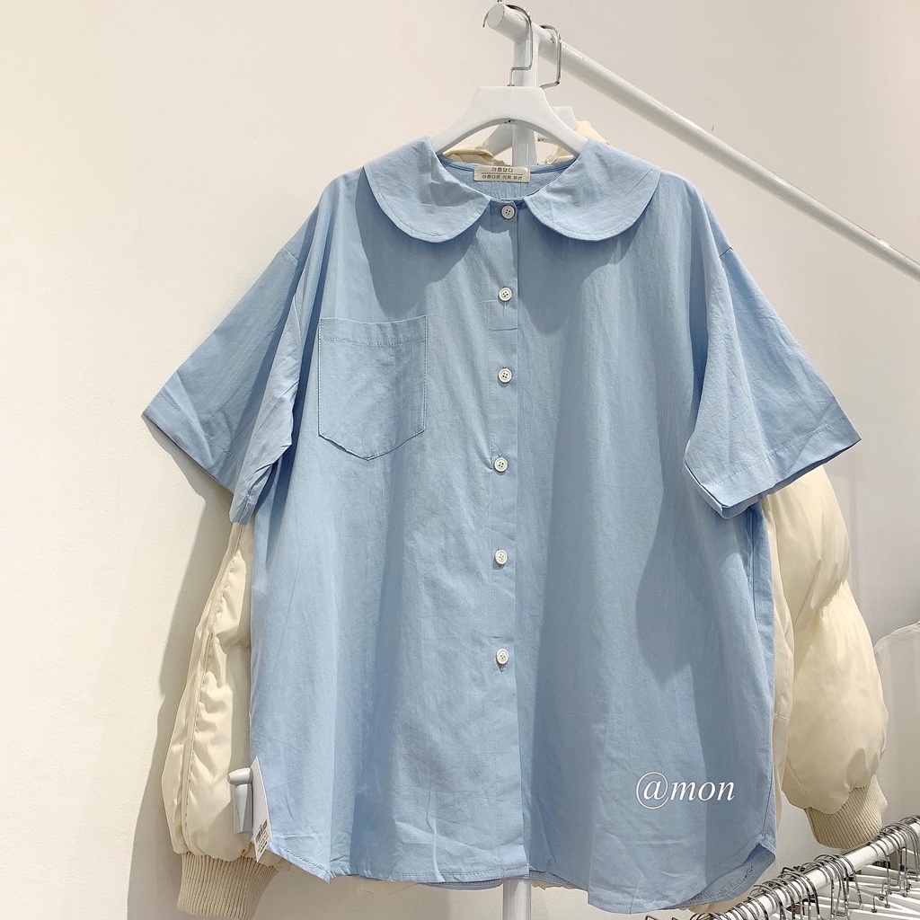 2101646 Áo sơ mi nữ - áo sơ mi cộc tay tiểu thư cổ tròn chất đũi thô mềm mát freesize 2 màu thời trang ulzzang | BigBuy360 - bigbuy360.vn