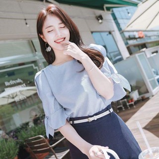 *Áo nữ đẹp - ❣️FREESHIP❣️Áo họa tiết kẻ sọc tay xẻ thắt nơ