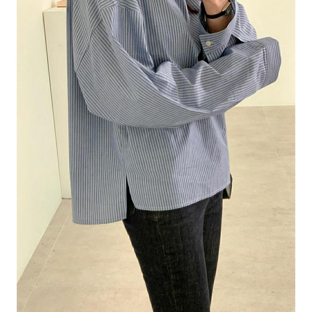 Áo Sơ Mi Dài Tay Cổ Phẳng Họa Tiết Kẻ Sọc Dễ Phối Đồ 60999