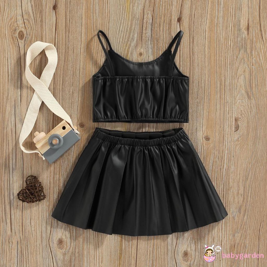 BABYGARDEN-1-6years Baby Girls Casual Suit, Solid Color Sleeveless Sling Tops+Button Pleated Short Skirt, Black
