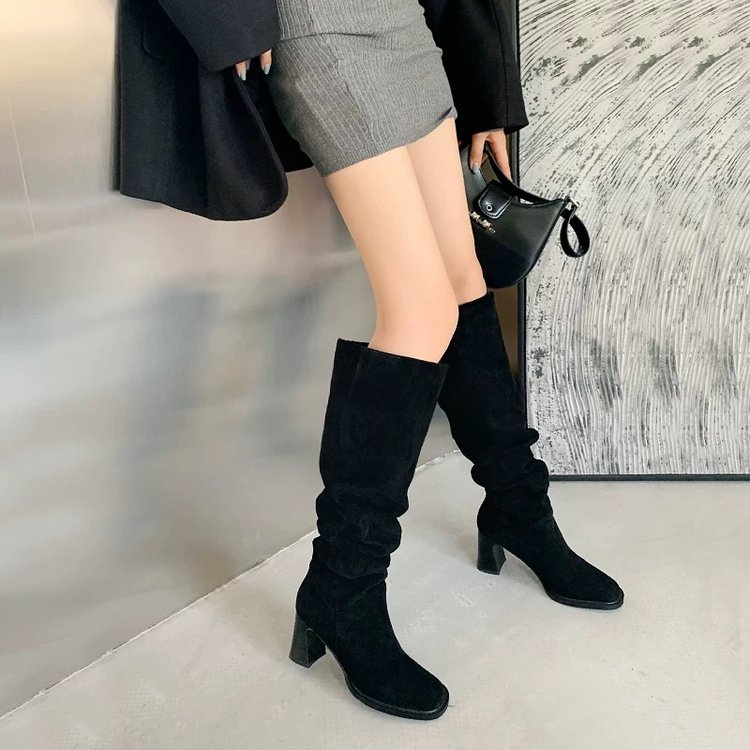 Giày Bốt Cao Gót Xếp Ly Dáng Ôm Dài Qua Gối Thời Trang Trẻ Trung