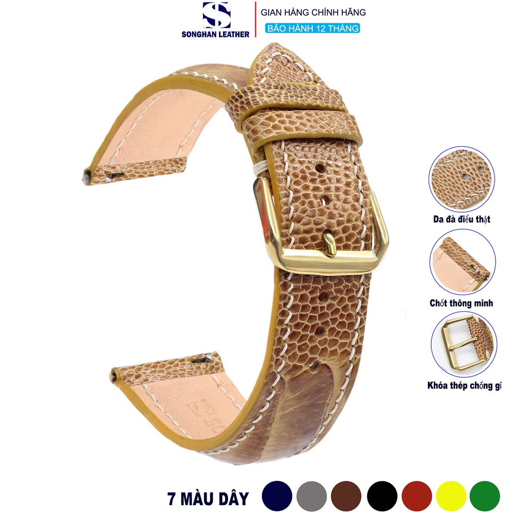 Dây Da Đà Điểu Songhan Leather WT01,Dây Đồng Hồ Da Đà Điểu Vân Gai To Gắn Chốt Thông Minh Kèm Khóa Kim,BH 6 tháng