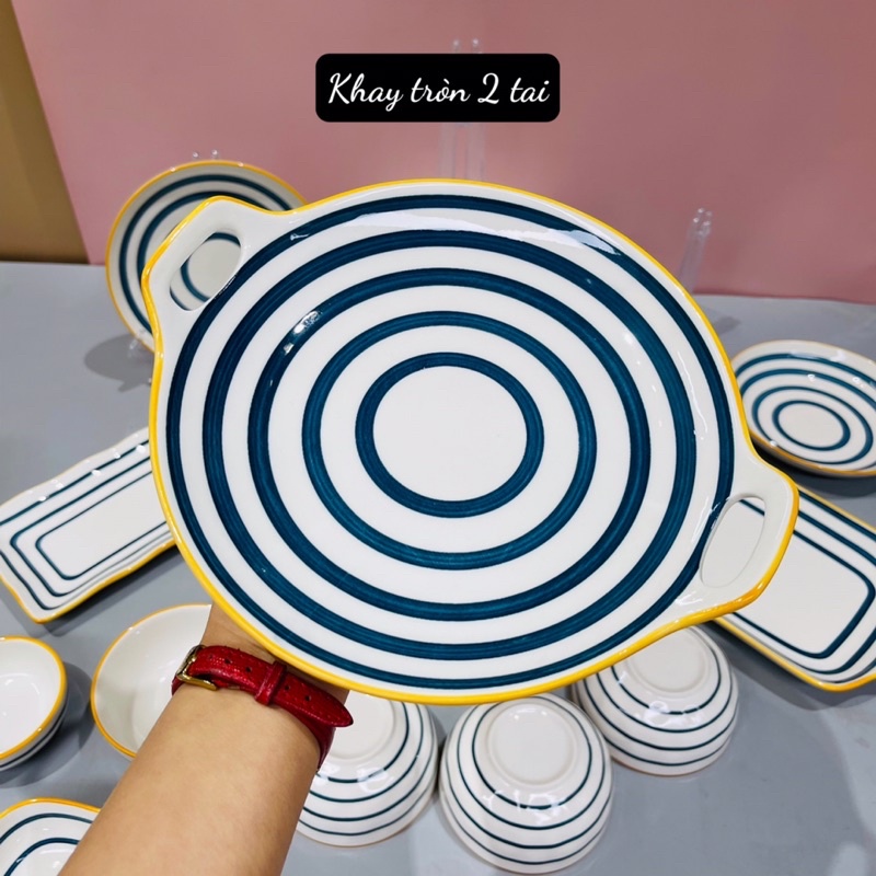 Bộ bát đĩa gốm sứ decor bộ Nhật kẻ siêu đẹp