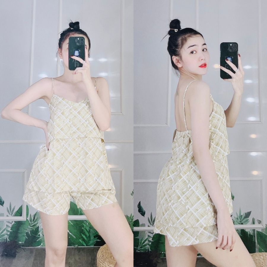 Đồ ngủ nữ lụa hai dây pijama pyjama lụa 100D bộ ngủ mặc nhà 2 dây sexy quần đùi cute dễ thương cao cấp  ESHOP PM02