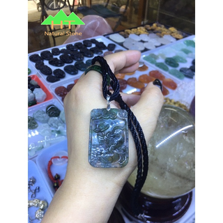 Mặt dây chuyền đeo cổ bức Khánh hình Phượng hoàng chất liệu Ngọc mã não rêu