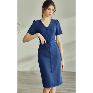 Đầm xanh dương cổ tim tay ngắn kèm đai hàng nút bọc