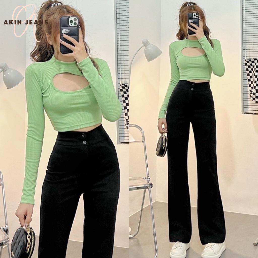 Quần Ống Loe Akin Jeans Quần Tây Nữ Ống Loe Cạp Cao 2 Cúc Chất Vải Tuyết Mưa Cao Cấp Hot Trend 2022, L2C