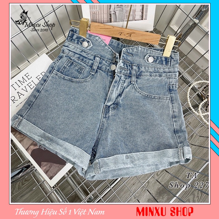 Quần sooc bò jean nữ, quần đùi bò jean nữ cạp cao 3 cúc cá tính không giãn hàng Quảng Châu Loại 1 mã Q2277