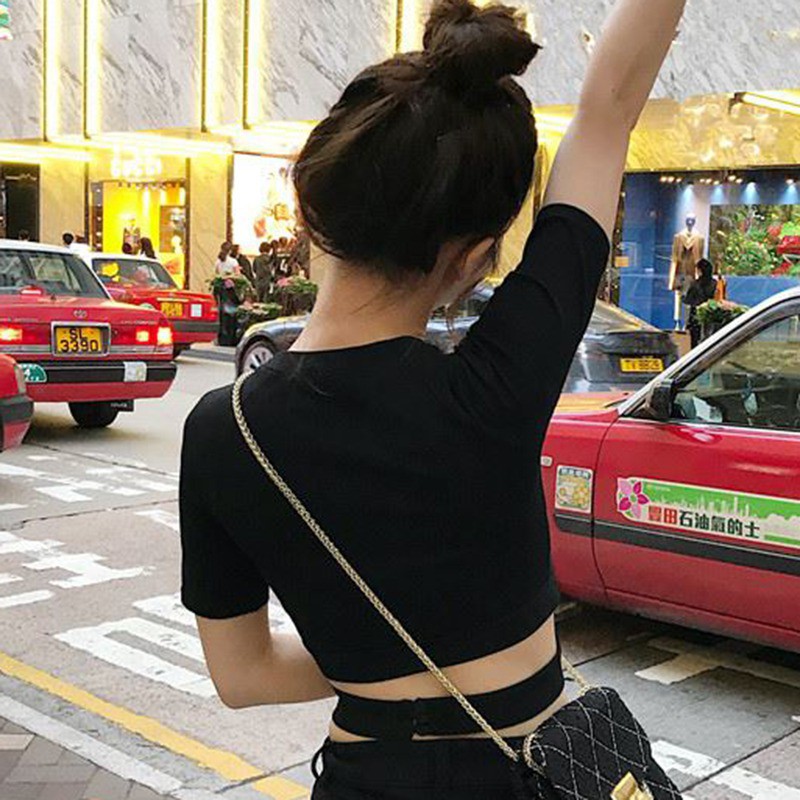 Áo croptop tay ngắn màu trơn thiết kế độc đáo thời trang quyến rũ cho nữ