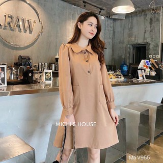Váy suông dài tay, đầm xuông rộng freesize 2 màu Nâu/Xanh, chất mango mềm, mã V955 - Michi's House