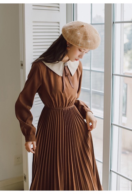 Váy thu đông dài tay, váy xoè xếp ly vintage