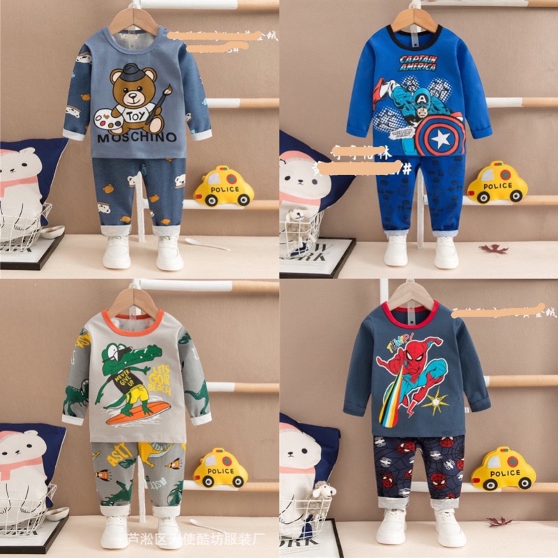 Bộ dài tay xuất hàn bé trai chất liệu cotton mềm mịn hình in khủng long, siêu nhân, ô tô cực đẹp từ 10-25kg