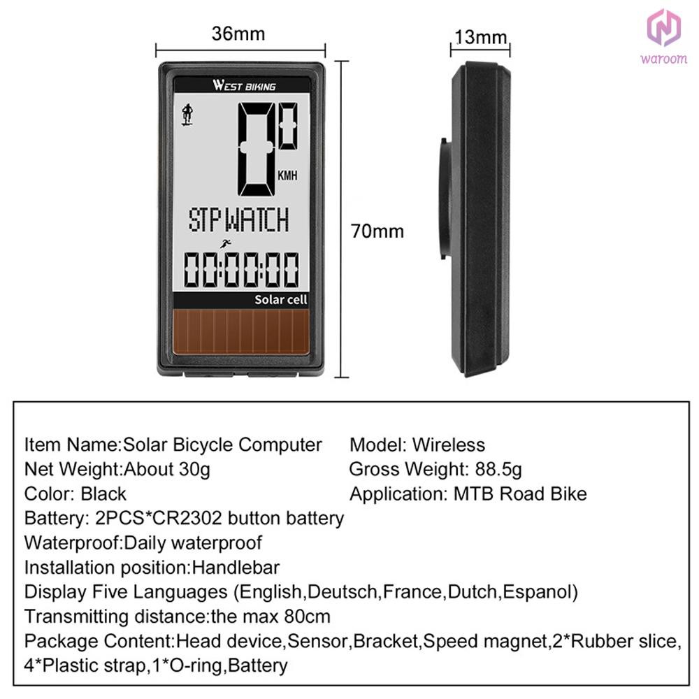 Đồng Hồ Bấm Giờ Không Dây 5 Ngôn Ngữ Dùng Năng Lượng Mặt Trời Cho Xe Đạp