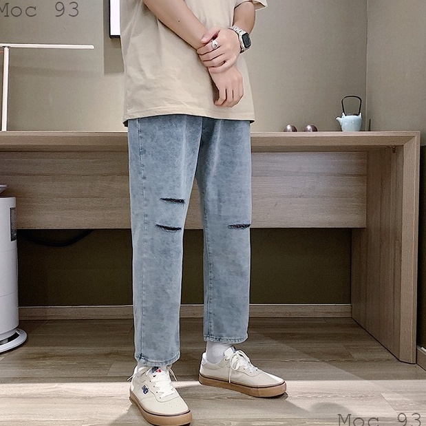 Quần Jean Baggy Màu Xanh, Không Phai Màu, Rách 3 Cạnh Cá Tính Dành Cho Cả Nam Và Nữ