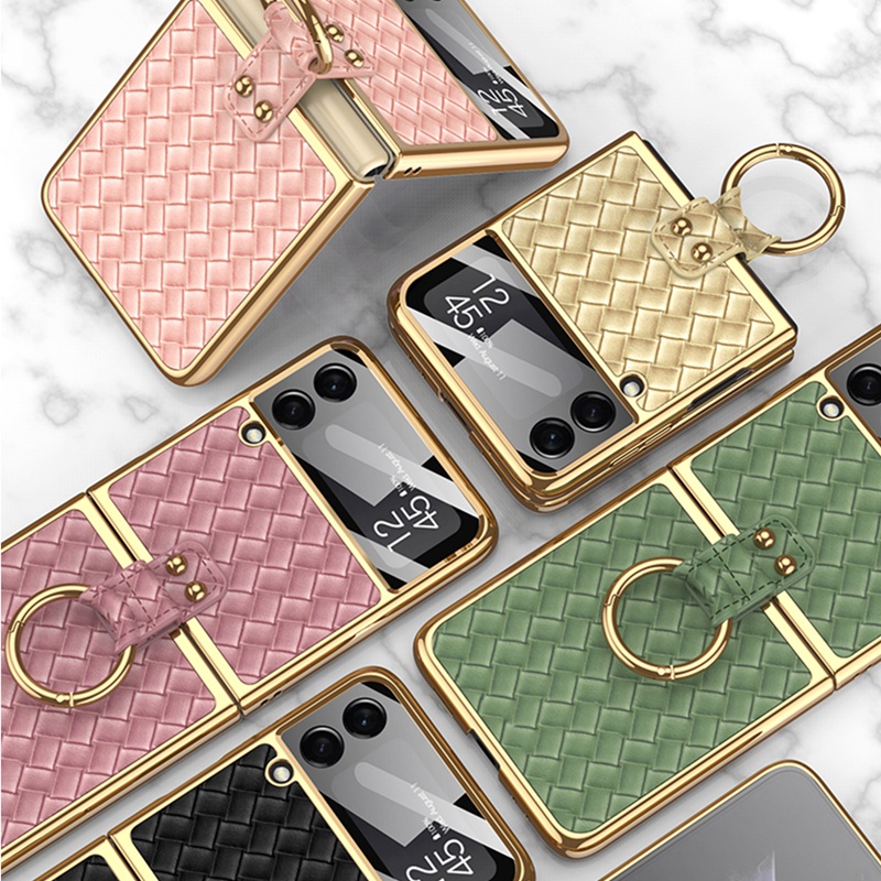 Ốp Z Flip 4 Điện Thoại Da Nắp Gập Có Vòng Nhẫn Mạ Điện Sáng Tạo Cho Samsung Z Flip4 3 Galaxy Z Flip 3