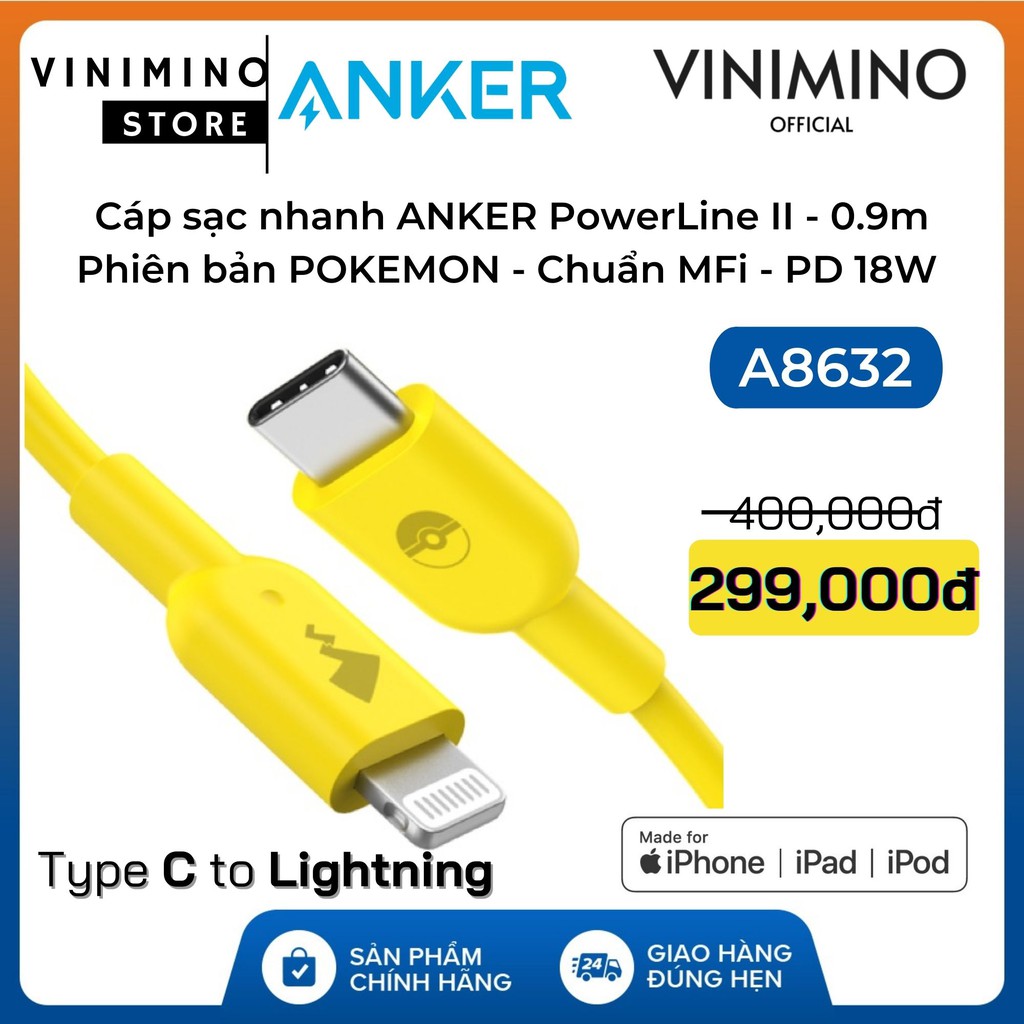 Dây Cáp Sạc Nhanh ANKER A8632 dài 0.9m Type C to Lightning | Phiên bản ANKER Pokemon A8632S71