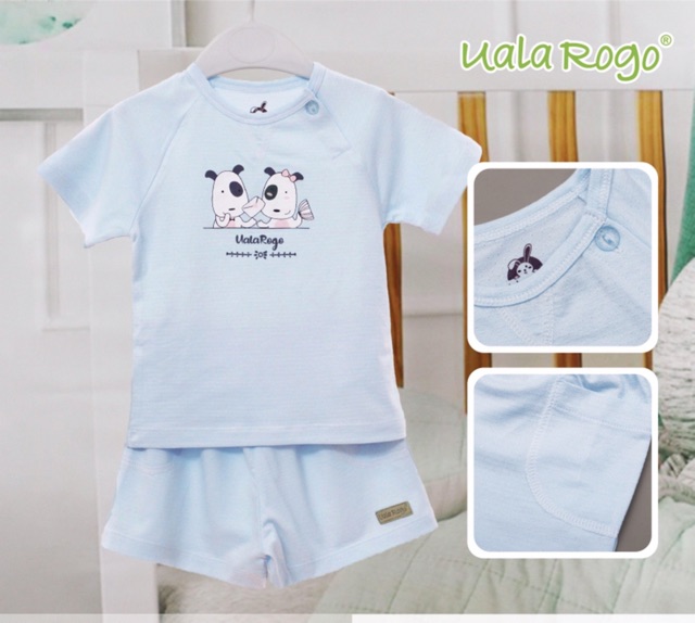 Bộ cộc tay uala rogo cài vai chui đầu chất cotton vải thủng, hoạ tiết modal, bộ bé gái cotton 2020
