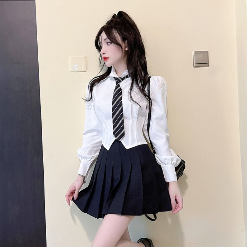 Áo Sơ Mi Trắng Tay Dài Phồng Thời Trang Mùa Thu Phong Cách Preppy Mới Cho Nữ