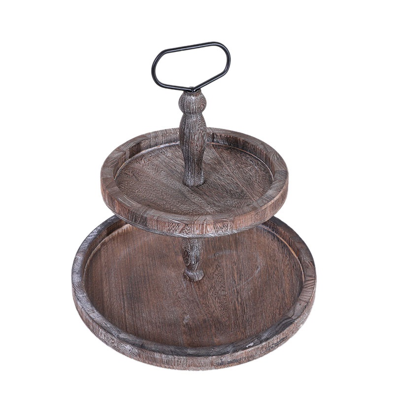 Khay Gỗ Đựng Bánh Kem 2 Tầng Có Tay Cầm Kim Loại Phong Cách Vintage
