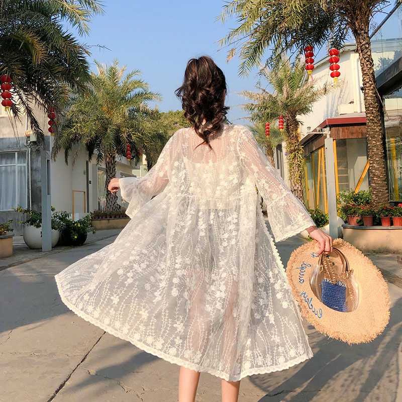 Summer women's thin coat shawl holiday sunscreen clothing travel essential bikini over the beach holiday embroidered sunscreen women's cardigan loose over Lace Shawl medium length