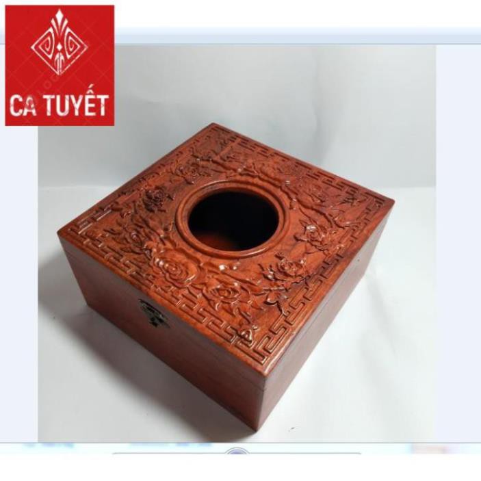 HỘP ĐỰNG GIẤY ĂN GỖ HƯƠNG VUÔNG 20x20 CHẠM HOA HỒNG - ẢNH THẬT