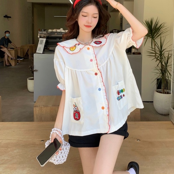 【ZHELIHANGFEI】Áo Sơ Mi Tay Phồng Cổ Búp Bê Thêu Họa Tiết Ngọt Ngào Dễ Phối Đồ