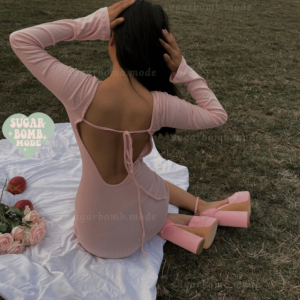 Đầm Body Hở Lưng Sexy Váy Ôm Hồng Sang Chảnh Cá Tính Khoét Lưng Tay Dài Thun Co Giãn Tốt Đi Chơi sugarbomb.mode