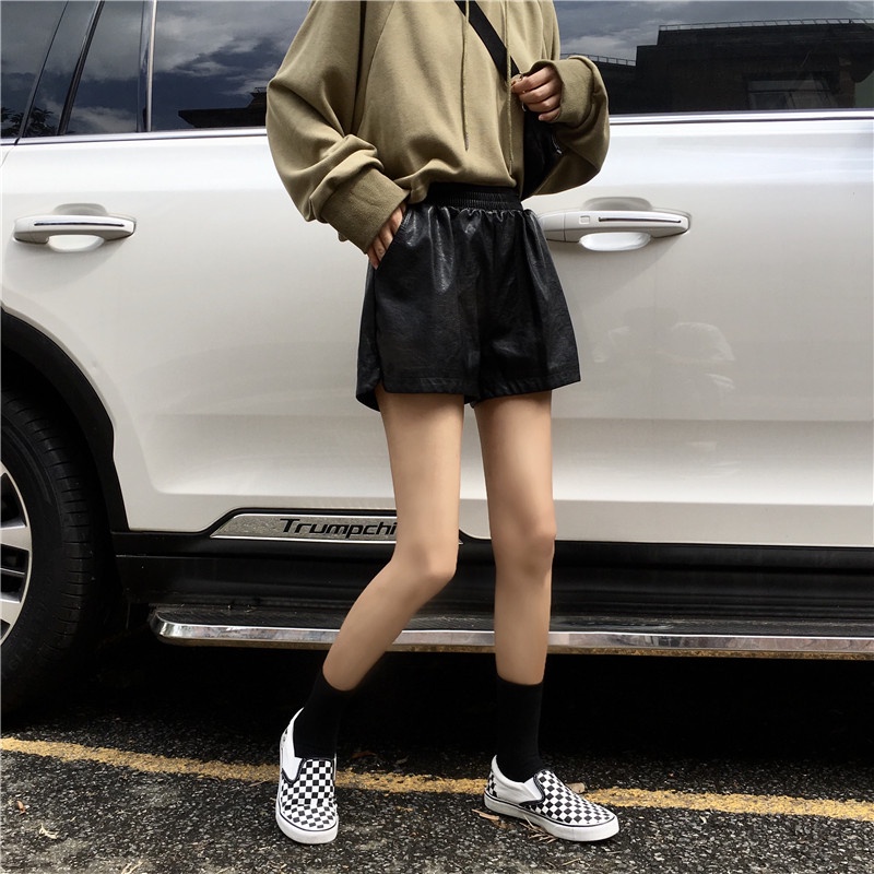 Quần short da chữ A ống rộng lưng cao thời trang cho nữ