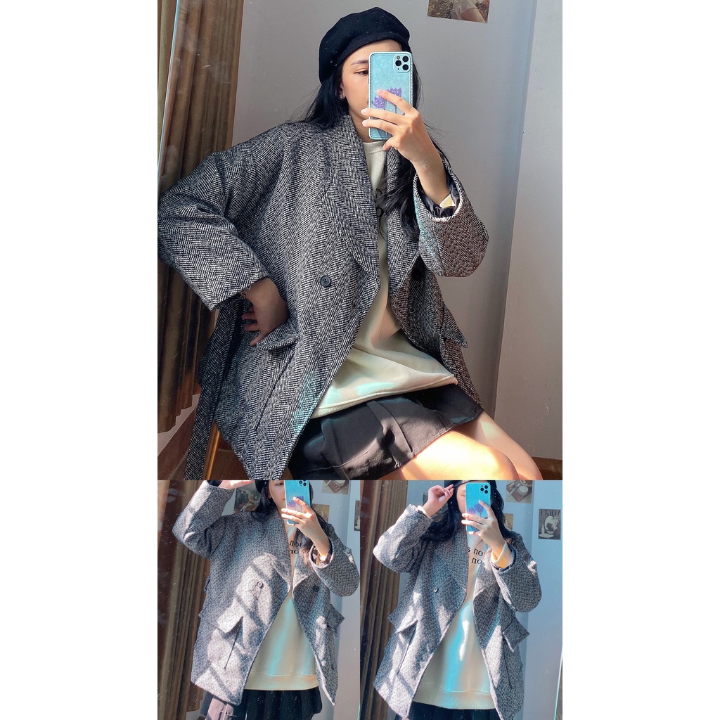 Áo khoác dạ 2 lớp hoạ tiết kẻ form rộng ulzzang - Made by Fiin