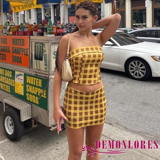 DEMQ-Women Two-piece Skirt Suit Yellow Plaid Print Bodycon Tube Tops and Elastic Waist Wrap Skirt #0