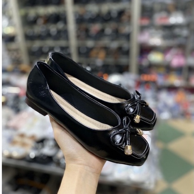 Giày búp bê nữ bệt mềm 2 màu mũi vuông nơ dây