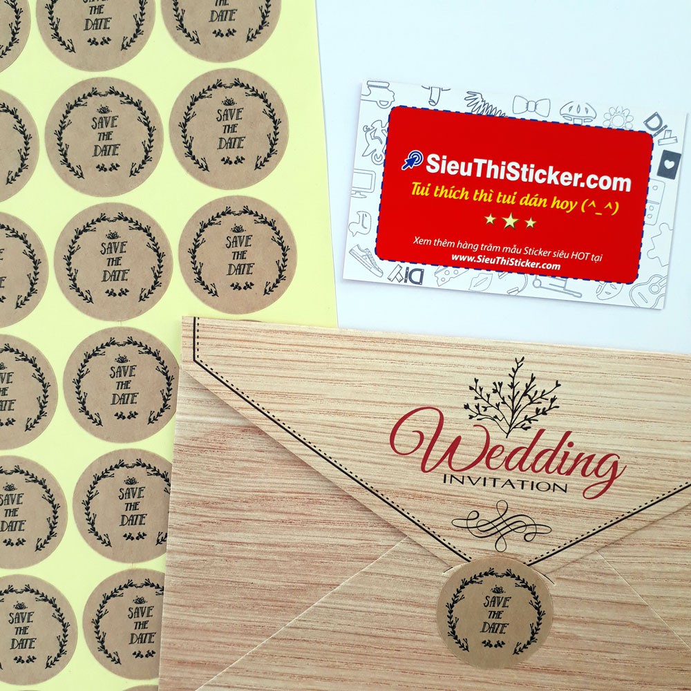 Tem dán niêm phong thiệp cưới, thiệp báo hỷ mẫu tròn giấy kraft Save the date kích thước 3.2cm mã STD04