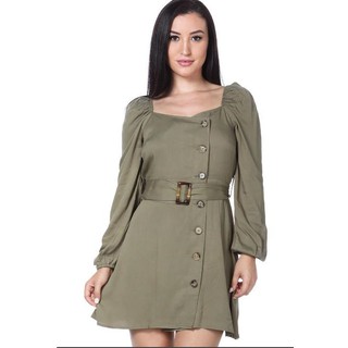 Đầm Sơmi FAVLUX Xanh Rêu Có Nút Dây Nịt Dài Tay - 2292