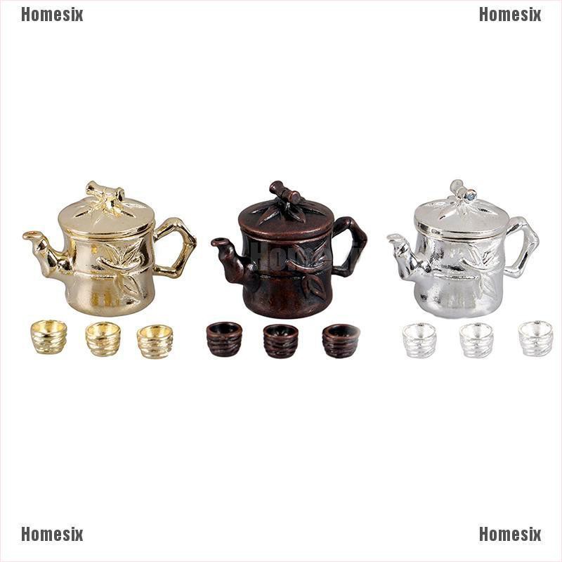 [HoMSI] 4Pcs/set 1: 12 Dollhouse Miniature Teapot With lid+ 3 Cup for Doll Decor Tea Set SUU