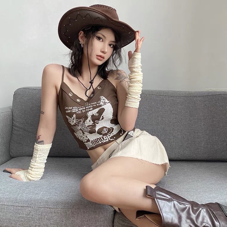 Áo Hai Dây Y2k Dáng Ngắn Ôm Sát In Họa Tiết Độc Đáo Phong Cách Mỹ Thời Trang Mùa Hè Cho Nữ
