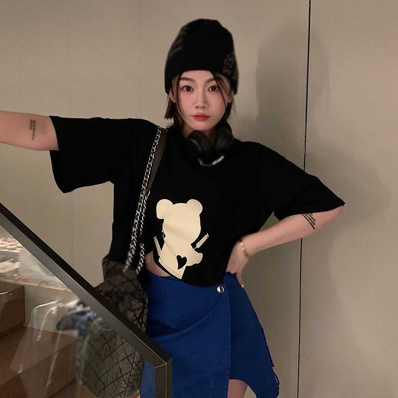 Áo Thun Ngắn Tay Dáng Rộng Eo Cao In Hình Gấu Thời Trang Mùa Hè Hàn Quốc