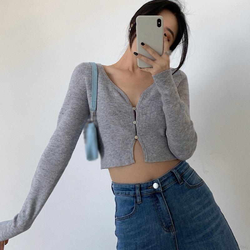 Áo Cardigan Dệt Kim Tay Dài Cổ Chữ V Cài Nút Màu Trơn Phong Cách Hàn Quốc Cho Nữ