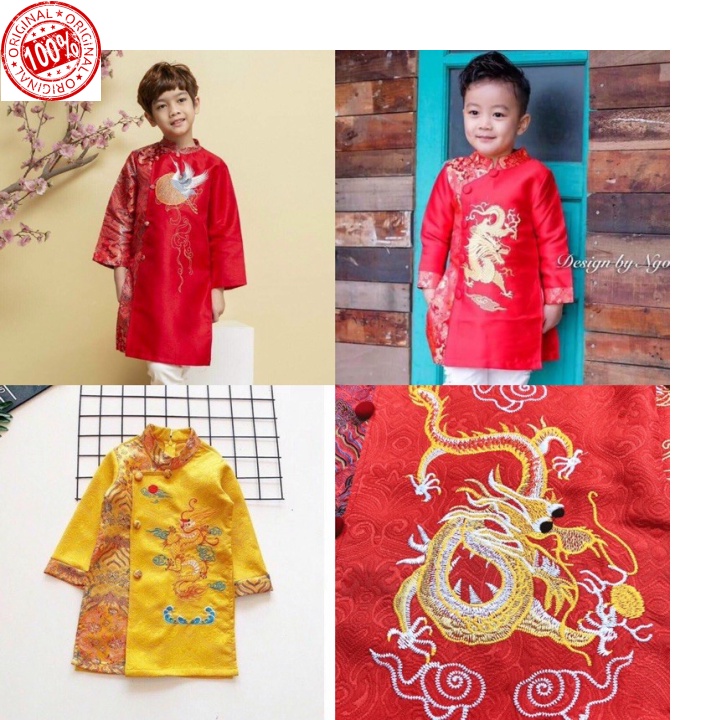 (ship nhanh - siêu rẻ) Áo dài gấm cách tân bé trai cao cấp-Áo dài mặc tết sz 9-41kg