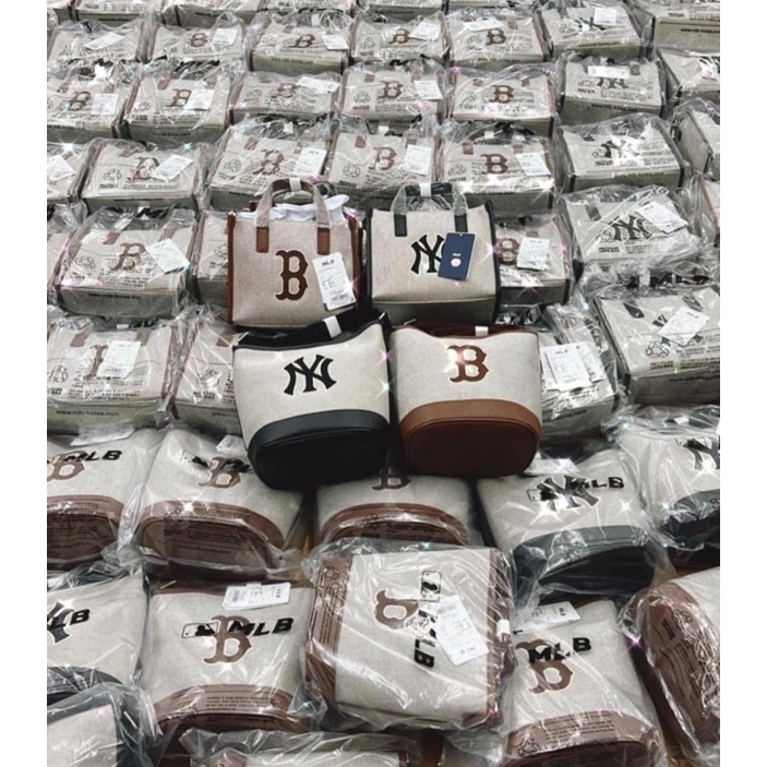 Túi Canvas M.L.B vuông logo NY Đen & Boston Nâu