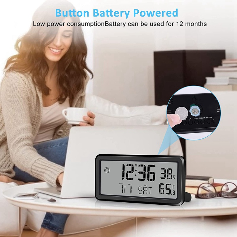 Đồng Hồ Báo Thức Kỹ Thuật Số Treo Tường Phòng Ngủ Màu Đen Có Hiển Thị Ngày/ Nhiệt Độ Và Độ Ẩm