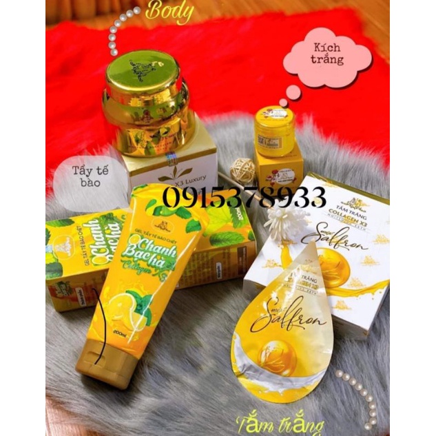 COMBO 4 SẢN PHẨM DƯỠNG BODY(𝐁𝐎𝐃𝐘 𝐂𝐎𝐋𝐋𝐀𝐆𝐄𝐍 𝐋𝐔𝐗𝐔𝐑𝐘 + 𝐓𝐀̆́𝐌 𝐓𝐑𝐀̆́𝐍𝐆 𝐒𝐀𝐅𝐅𝐑𝐎𝐍 +  𝐓𝐀̂̉𝐘 𝐓𝐄̂́ 𝐁𝐀̀𝐎 𝐁𝐀̣𝐂 𝐇𝐀̀ + 𝐊𝐈́𝐂𝐇 𝐓𝐑𝐀̆́𝐍𝐆 𝐗𝟑)