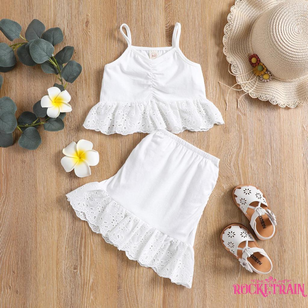 ◑Zc☆Set Đồ Mùa Hè 2 Món Gồm Áo Hai Dây Viền Ren Có Diềm Xếp Nếp + Chân Váy Cho Bé Gái