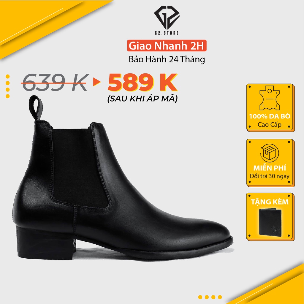 Giày tây nam chelsea boots từ da bò tấm cao cấp độn đế tăng chiều cao, Chelsea boot nam G2 kiểu giày công sở đứng font